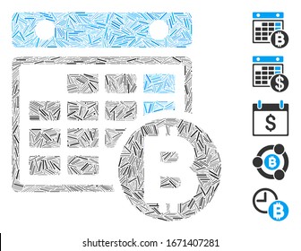 Dash Mosaic basado en el icono del calendario Bitcoin. El calendario bitcoin vector mosaico está diseñado con elementos de guión aleatorizados. Se agregan iconos de bonificación.