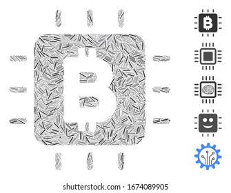 Mosaico de guiones basado en el icono del chip del procesador Bitcoin. El chip de procesador de bitcoin vector mosaico se compone de puntos de guión aleatorizados. Se agregan iconos de bonificación.