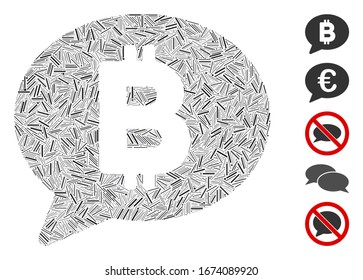 Dash Mosaic based on Bitcoin message balloon icon. Mosaic vector Bitcoin message balloon is created with scattered dash spots. Bonus icons are added.