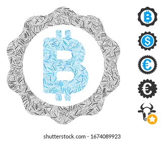 Dash Mosaic basado en el icono del sello de medalla de Bitcoin. Vector mosaico Sello de medalla de Bitcoin se forma con elementos del guión aleatorio. Se agregan iconos de bonificación.