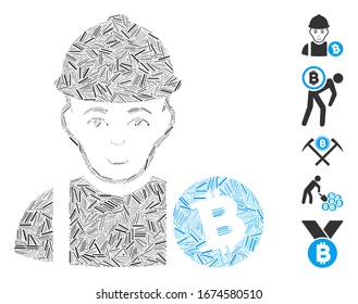 Dash Mosaic based on Bitcoin miner icon. Mosaic vector Bitcoin miner is created with randomized line items. Bonus icons are added.