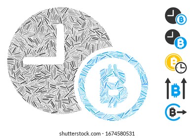 Dash Mosaic basado en el icono del reloj de crédito Bitcoin. El reloj de crédito bitcoin vector mosaico se crea con puntos de guión aleatorizados. Se agregan iconos de bonificación.