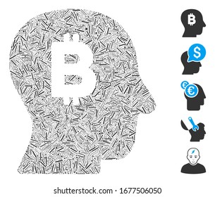 Dash Mosaic based on Bitcoin mind icon. Mosaic vector Bitcoin mind is designed with random dash spots. Bonus icons are added.