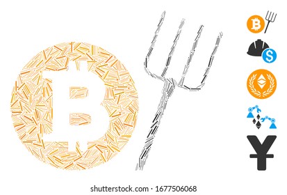 Dash Mosaic based on Bitcoin pitchfork icon. Mosaic vector Bitcoin pitchfork is composed with randomized dash elements. Bonus icons are added.