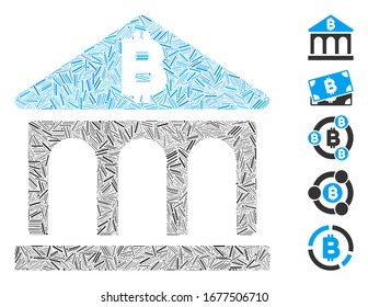 Dash Mosaic based on Bitcoin bank building icon. Mosaic vector Bitcoin bank building is formed with random dash spots. Bonus icons are added.