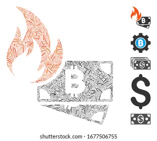 Dash Mosaic based on Bitcoin cash fire icon. Mosaic vector Bitcoin cash fire is created with randomized dash dots. Bonus icons are added.