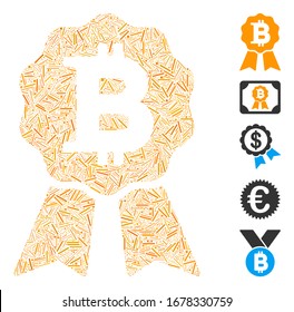 Dash Mosaic based on Bitcoin certificate seal icon. Mosaic vector Bitcoin certificate seal is created with random dash dots. Bonus icons are added.