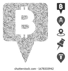 Dash Mosaic based on Bitcoin map pointer icon. Mosaic vector Bitcoin map pointer is composed with random dash spots. Bonus icons are added.