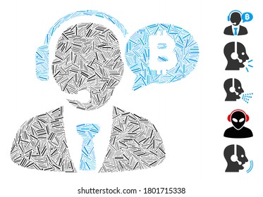 Dash Mosaic based on Bitcoin manager message icon. Mosaic vector Bitcoin manager message is designed with random dash dots. Bonus icons are added.