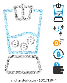 Dash Mosaic based on Bitcoin blender icon. Mosaic vector Bitcoin blender is formed with randomized dash elements. Bonus icons are added.