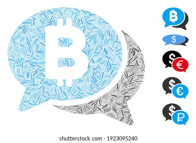 Dash Mosaic based on Bitcoin chat icon. Mosaic vector Bitcoin chat is designed with random dash dots. Bonus icons are added.