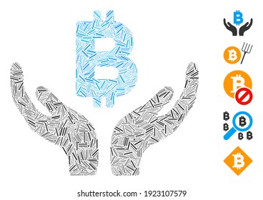 Dash Mosaic based on Bitcoin maintenance hands icon. Mosaic vector Bitcoin maintenance hands is composed with randomized dash dots. Bonus icons are added.