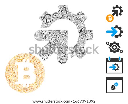 Dash Mosaic based on Bitcoin integration cog icon. Mosaic vector Bitcoin integration cog is designed with scattered dash items. Bonus icons are added.