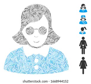Dash Mosaic based on blind woman icon. Mosaic vector blind woman is created with random dash elements. Bonus icons are added.
