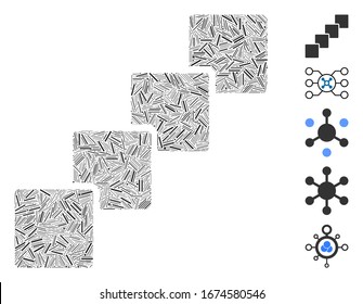 Dash Mosaic based on blockchain icon. Mosaic vector blockchain is formed with randomized dash dots. Bonus icons are added.