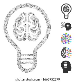 Dash Mosaic based on brain bulb icon. Mosaic vector brain bulb is created with scattered dash elements. Bonus icons are added.