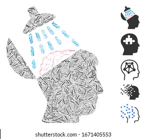 Dash Mosaik auf der Grundlage der Hirnwäsche Symbol. Die Hirnwäsche der Mosaiken in der Vektorillustration wird mit randomisierten Bindestrichen erzeugt. Bonussymbole werden hinzugefügt.