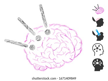 Dash Mosaic based on brain operation icon. Mosaic vector brain operation is formed with random dash elements. Bonus icons are added.