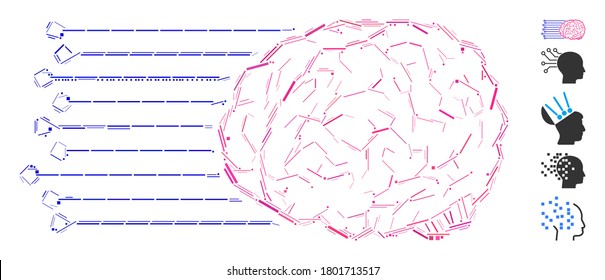 Dash Mosaic basado en el icono de las conexiones cerebrales. Las conexiones del cerebro del vector mosaico se componen de puntos de guión aleatorizados. Se agregan iconos de bonificación.