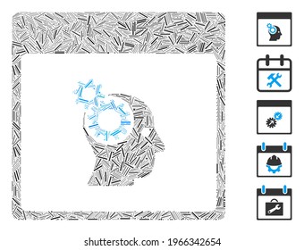 Dash Mosaic based on brain wheels calendar page icon. Mosaic vector brain wheels calendar page is formed with random dash items. Bonus icons are added.