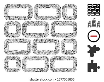 Dash Mosaic based on brick wall icon. Mosaic vector brick wall is composed with randomized dash elements. Bonus icons are added.
