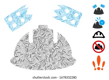 Dash Mosaic based on brick helmet accident icon. Mosaic vector brick helmet accident is created with scattered dash dots. Bonus icons are added.