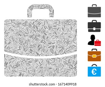 Dash Mosaic based on briefcase icon. Mosaic vector briefcase is formed with random dash elements. Bonus icons are added.