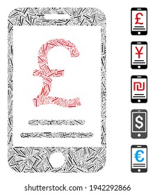 Dash Mosaic basado en el icono de pago móvil de la Libra Británica. El vector mosaico, el pago móvil de la libra británica, se forma con puntos de guión al azar. Se agregan iconos de bonificación.