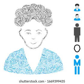 Dash Mosaic basado en el ícono del niño morena. El niño de la morena vector mosaico está compuesto por puntos de guión aleatorizados. Se agregan iconos de bonificación.
