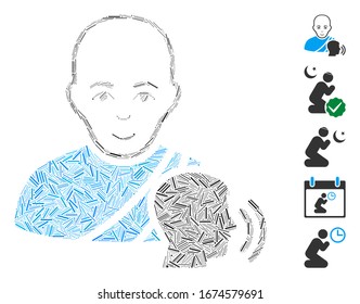 Dash Mosaic based on buddhist confession icon. Mosaic vector buddhist confession is created with random dash spots. Bonus icons are added.
