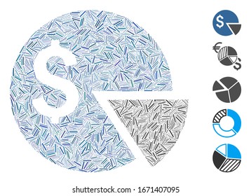Dash Mosaic based on budget pie chart icon. Mosaic vector budget pie chart is composed with randomized hatch dots. Bonus icons are added.