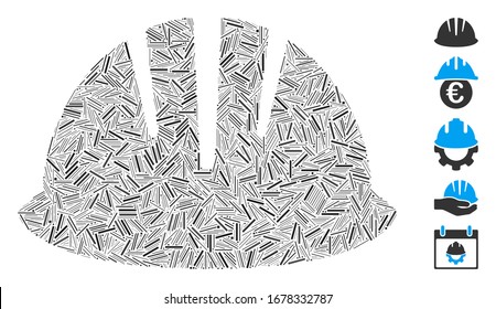 Dash Mosaic based on builder helmet icon. Mosaic vector builder helmet is designed with random dash items. Bonus icons are added.