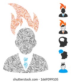 Dash Mosaic basado en el icono de la cabeza del hombre de negocios quemado. La cabeza de negocio de quema de vectores mosaicos está diseñada con puntos de guión aleatorizados. Se agregan iconos de bonificación.