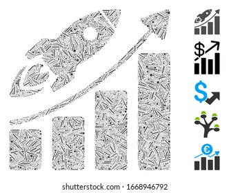 Dash Mosaic based on business growth icon. Mosaic vector business growth is designed with random dash spots. Bonus icons are added.