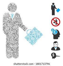 Dash Mosaic based on businessman icon. Mosaic vector businessman is created with random dash items. Bonus icons are added.