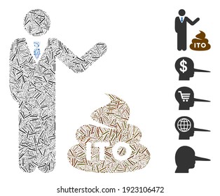 Dash Mosaic based on businessman show ITO shit icon. Mosaic vector businessman show ITO shit is formed with randomized dash elements. Bonus icons are added.