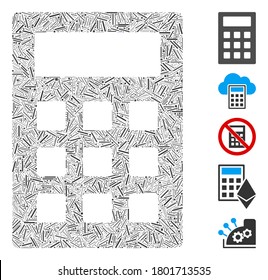 Dash Mosaic based on calculator icon. Mosaic vector calculator is formed with randomized dash elements. Bonus icons are added.