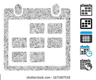 Dash Mosaik basierend auf Kalendermonatssymbol. Mosaik Vektorillustration Kalendermonat wird mit randomisierten Bindestrichen erstellt. Bonussymbole werden hinzugefügt.