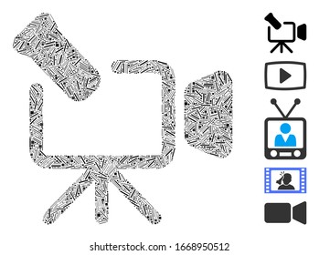 Dash Mosaic based on camcorder icon. Mosaic vector camcorder is designed with randomized dash items. Bonus icons are added.