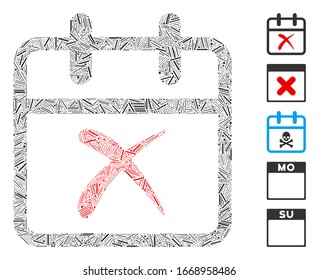Dash Mosaic basado en el icono del día de cancelación. El día de cancelación del vector mosaico se compone de puntos de rayado dispersos. Se agregan iconos de bonificación.