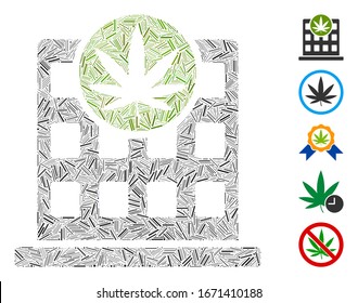 Dash Mosaic basierend auf Cannabis-Bausymbol. Das Cannabis-Gebäude der Mosaik-Vektorillustration wird mit randomisierten Dash-Punkten erstellt. Bonussymbole werden hinzugefügt.