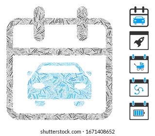 Dash Mosaic based on car day icon. Mosaic vector car day is composed with scattered dash spots. Bonus icons are added.