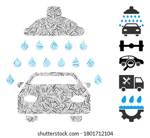 Dash Mosaic based on car shower icon. Mosaic vector car shower is designed with randomized dash elements. Bonus icons are added.