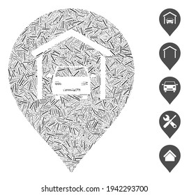 Dash Mosaic based on car garage marker icon. Mosaic vector car garage marker is composed with random dash dots. Bonus icons are added.