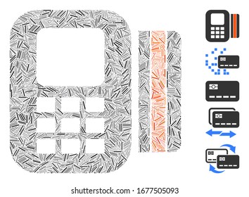 Dash Mosaic based on card processor icon. Mosaic vector card processor is composed with random dash elements. Bonus icons are added.