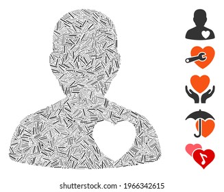 Dash Mosaico basado en el ícono del paciente cardiológico. El paciente de cardiología vectorial mosaico se forma con puntos de guiones dispersos. Se agregan iconos de bonificación.