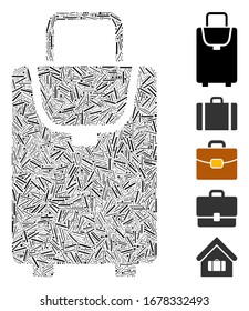 Mosaico de cenizas basado en el icono de la bolsa de cartón. La bolsa de transporte de vectores mosaicos está diseñada con manchas de guiones aleatorias. Se agregan iconos de bonificación.