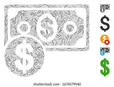 Dash Mosaic based on cash icon. Mosaic vector cash is formed with randomized dash spots. Bonus icons are added.