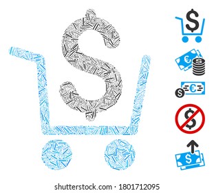Dash Mosaik auf der Grundlage von Cash-Out Symbol. Mosaik Vektor Cash out besteht aus randomisierten Dash-Punkten. Bonussymbole werden hinzugefügt.