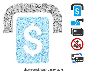 Dash Mosaic based on cashpoint icon. Mosaic vector cashpoint is composed with scattered dash dots. Bonus icons are added.